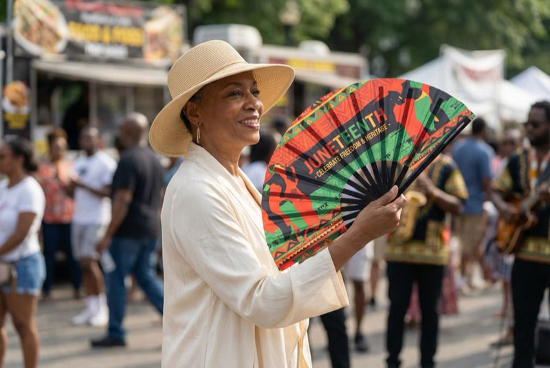 Guests holding custom printed hand fans