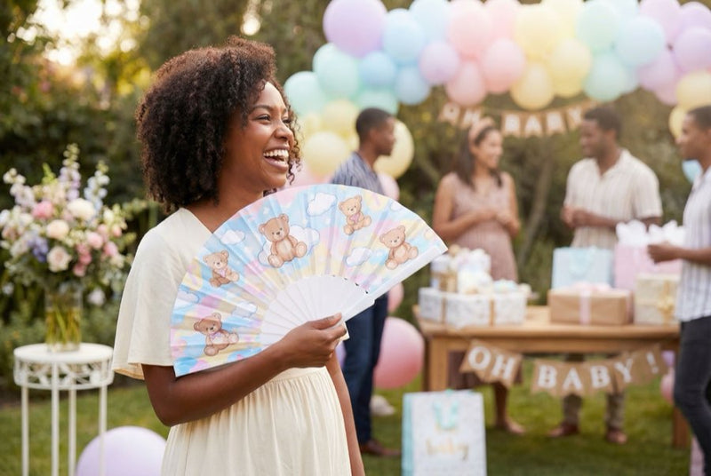 Custom bamboo fans in use — Custom Fans for Baby Showers