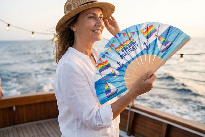 Guests holding custom printed hand fans