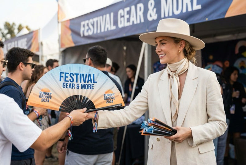 Guests holding custom printed hand fans