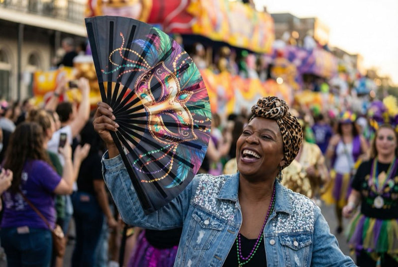Custom bamboo fans in use — Custom Fans for Carnival Celebrations