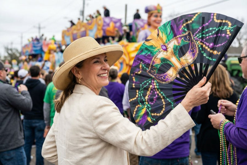 Guests holding custom printed hand fans