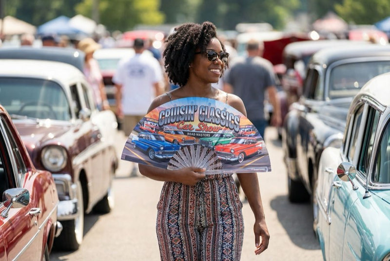 Custom bamboo fans in use — Custom Fans for Car Shows