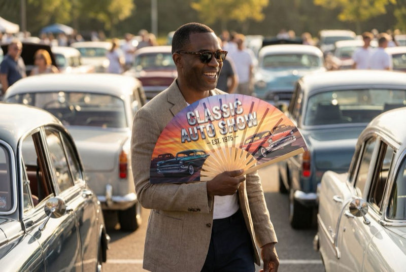 Custom hand fans at an event