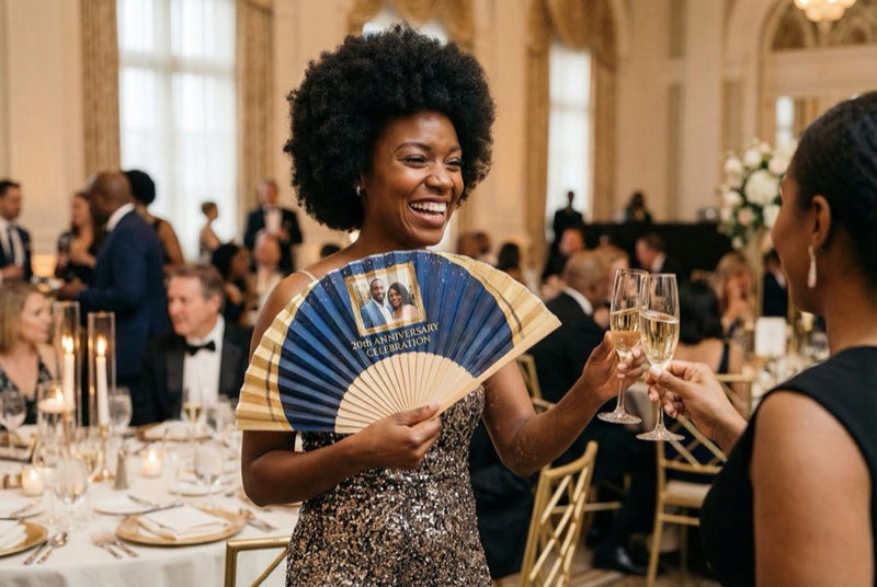 Custom bamboo fans in use — Custom Fans for Quinceañeras