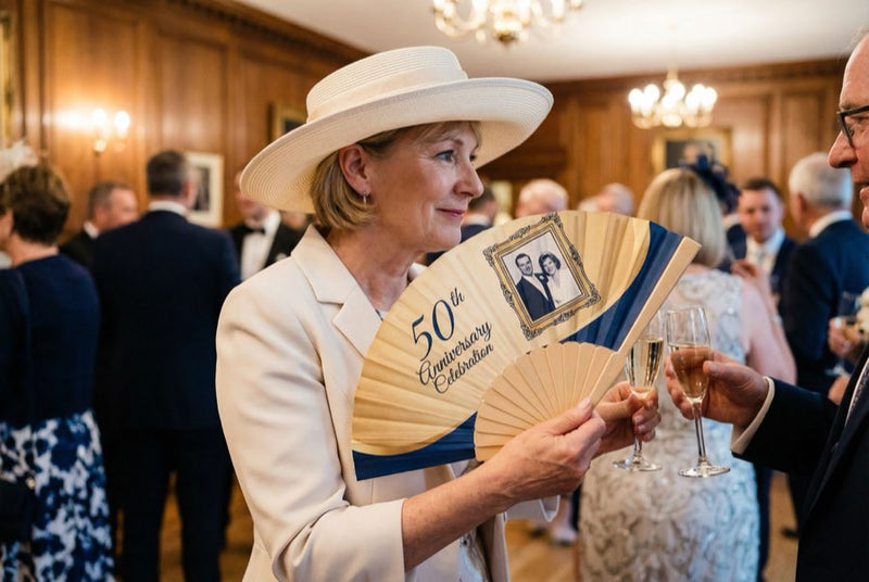 Guests holding custom printed hand fans