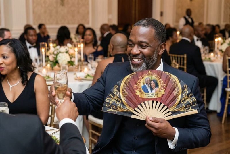 Custom hand fans at an event