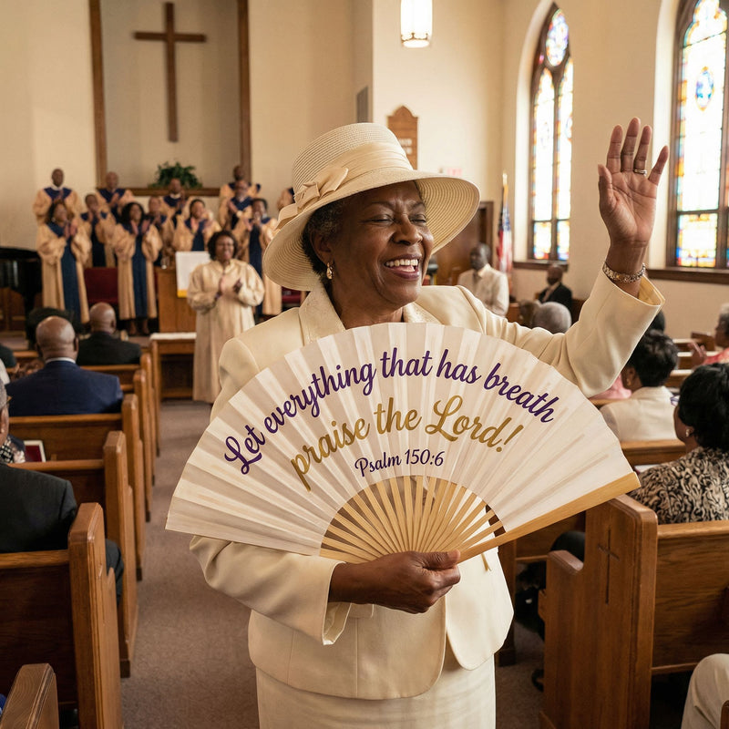 Guests holding custom printed hand fans