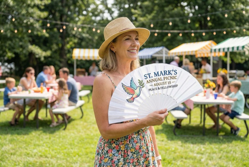 Custom hand fans at an event