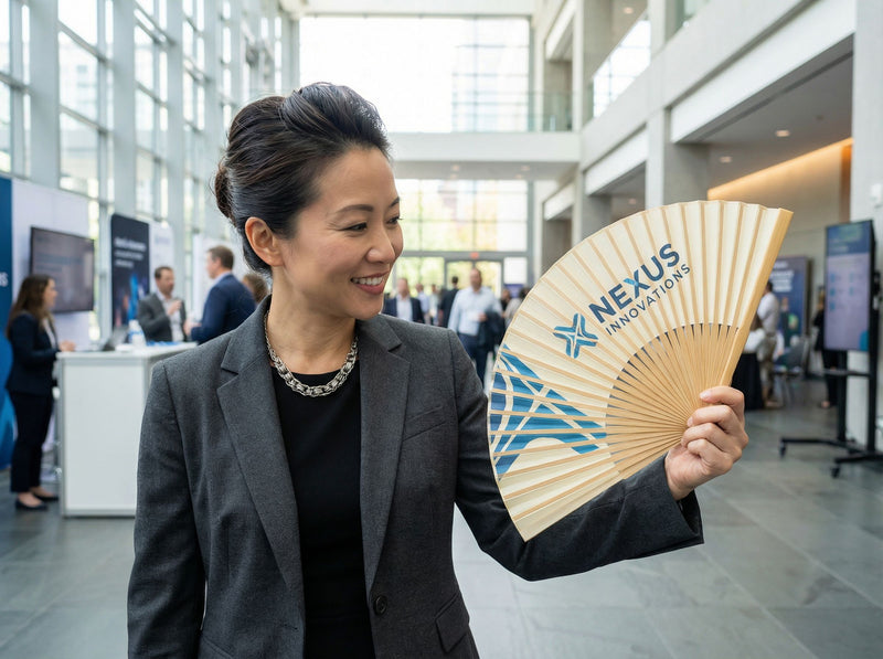 Custom bamboo fans in use — Custom Fans for Corporate Events
