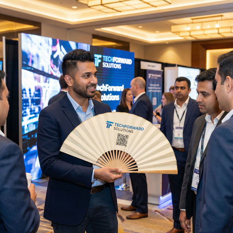 Guests holding custom printed hand fans