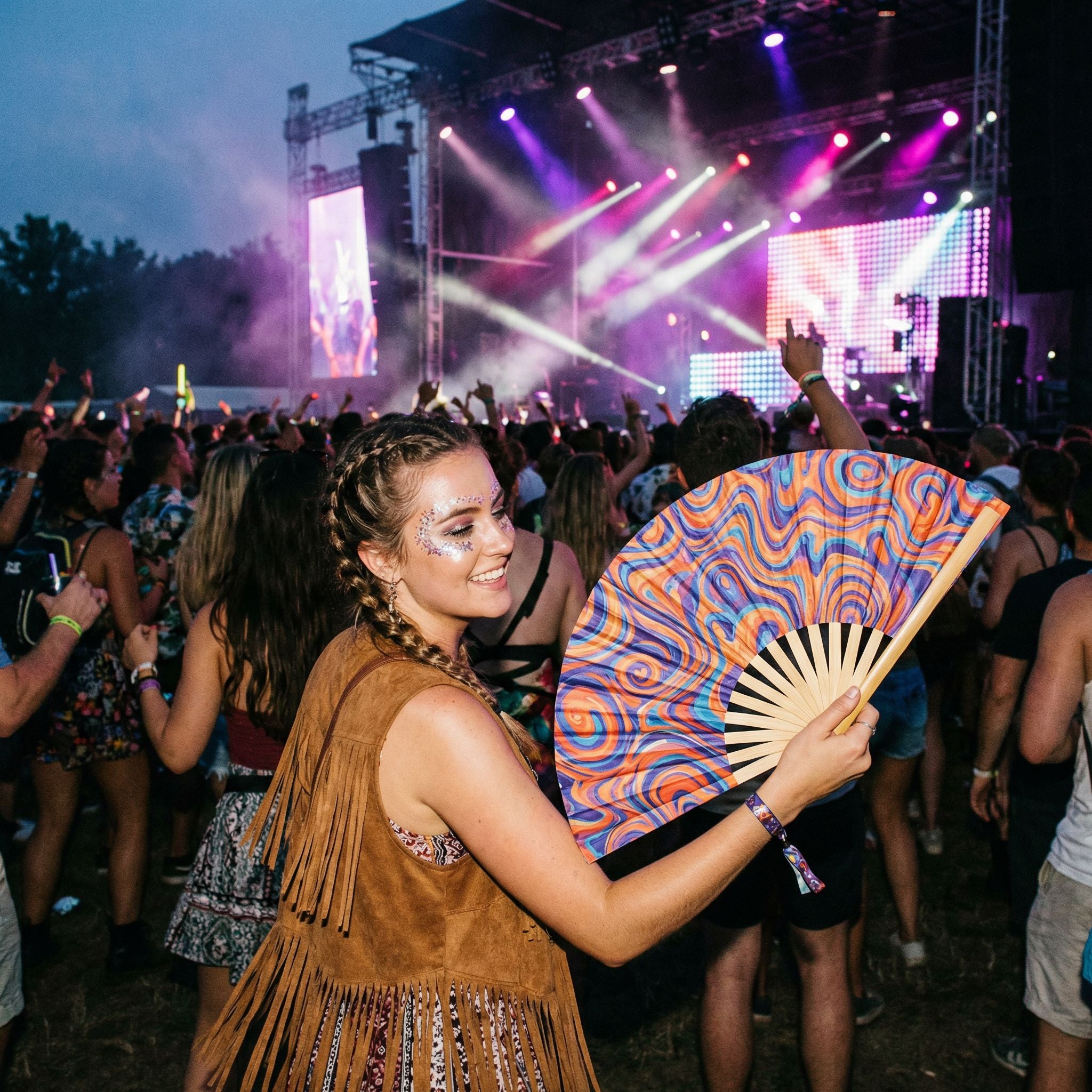 Festival with custom merch fans