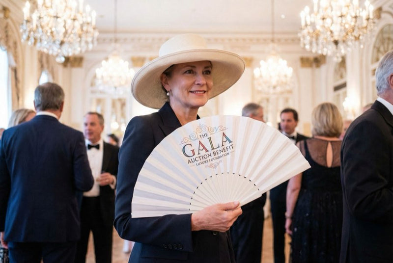 Guests holding custom printed hand fans