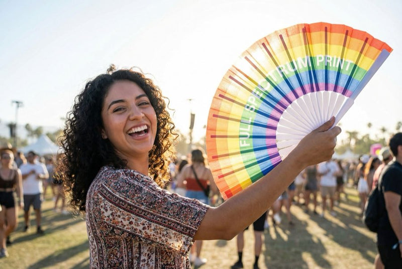 Full-color printed bamboo fan close-up