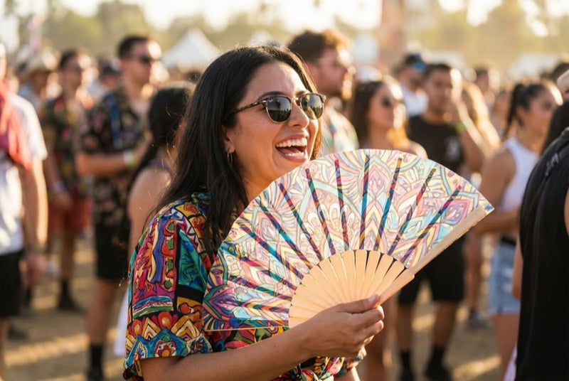 Full-color printed bamboo fan close-up
