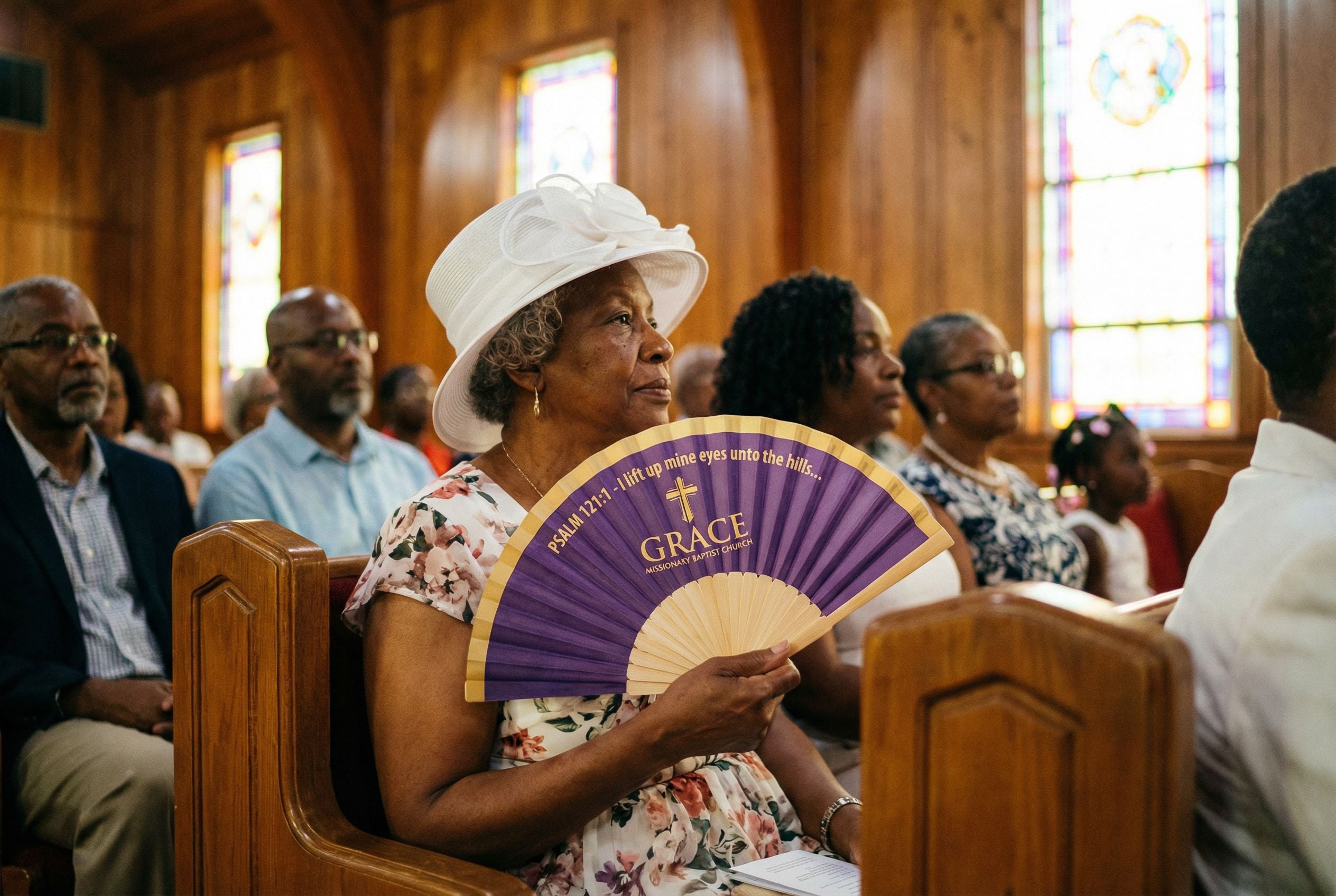 Church service with scripture fan