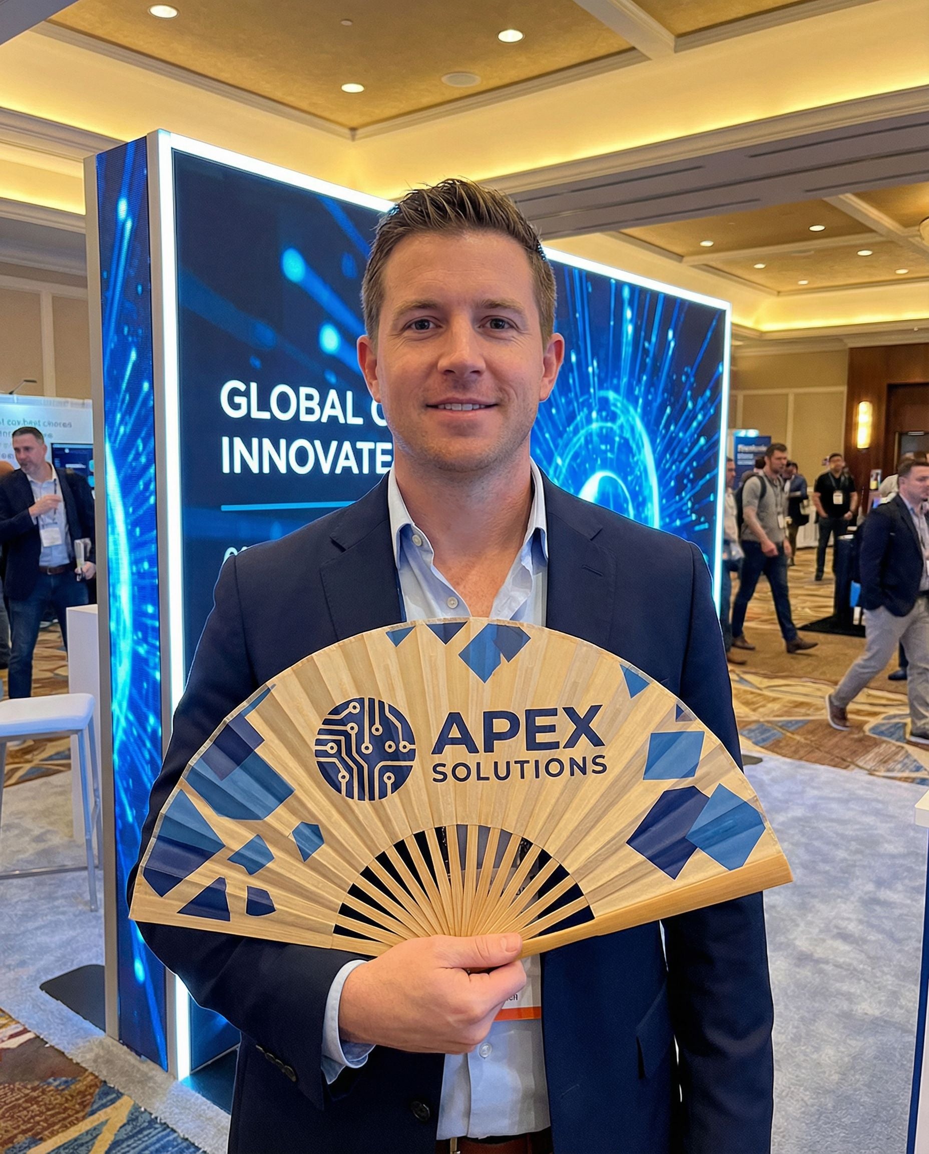 Corporate conference with branded tech company fan