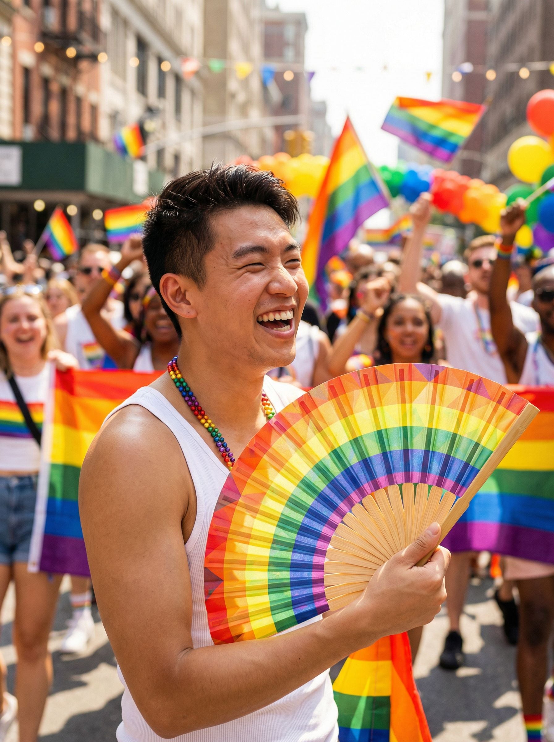 Pride parade with rainbow fan held prominently