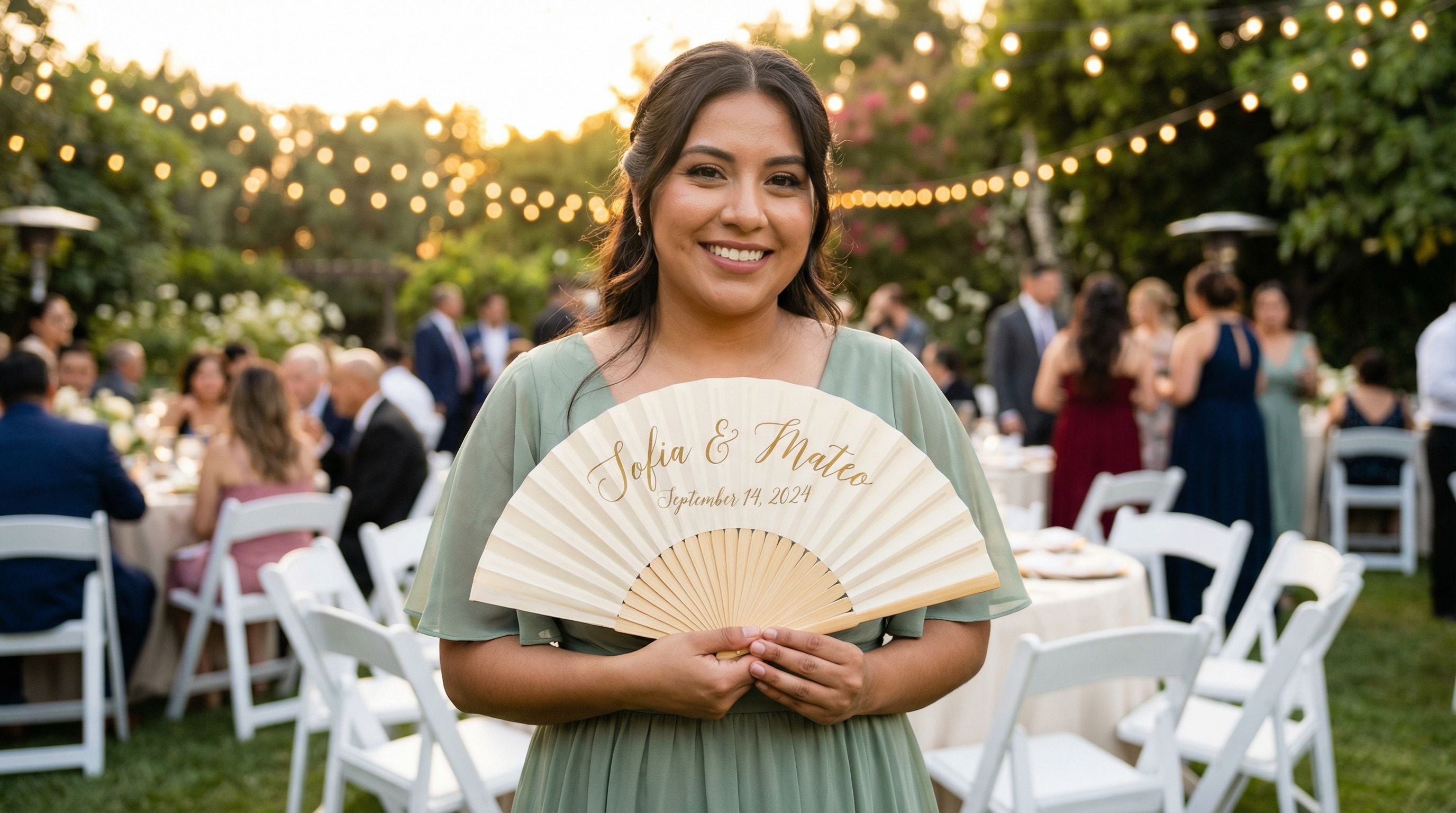Elegant wedding reception with custom bamboo fan showing calligraphy