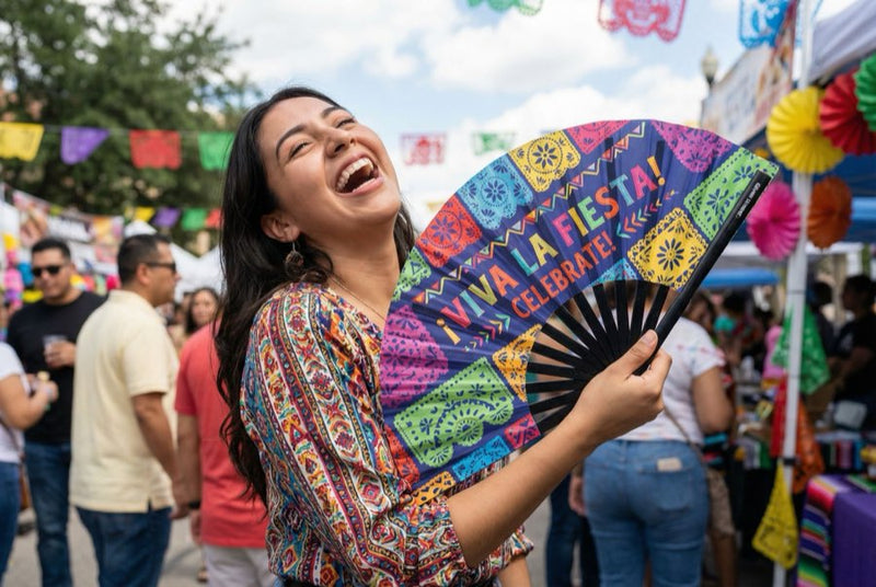 Full-color printed bamboo fan close-up