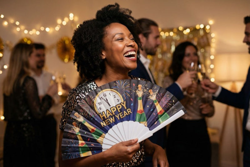 Custom bamboo fans in use — Custom Fans for Holiday Parties
