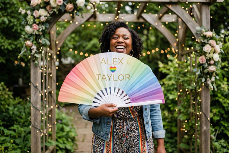 Custom bamboo fans in use — Custom Fans for Gay & LGBTQ Weddings