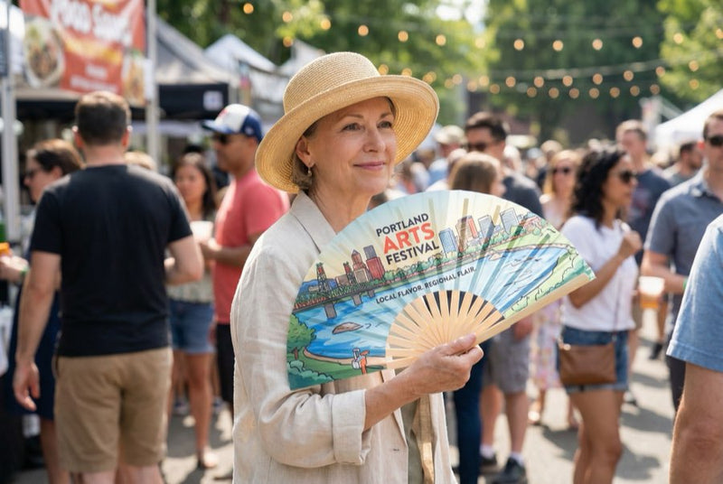 Guests holding custom printed hand fans