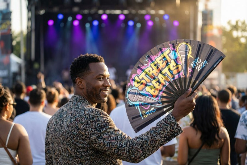 Custom hand fans at an event