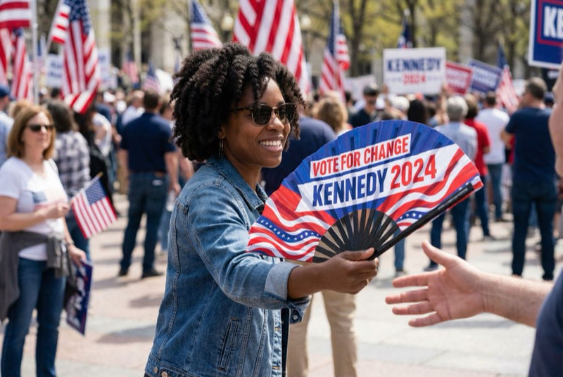 Custom bamboo fans in use — Custom Fans for Political Campaigns