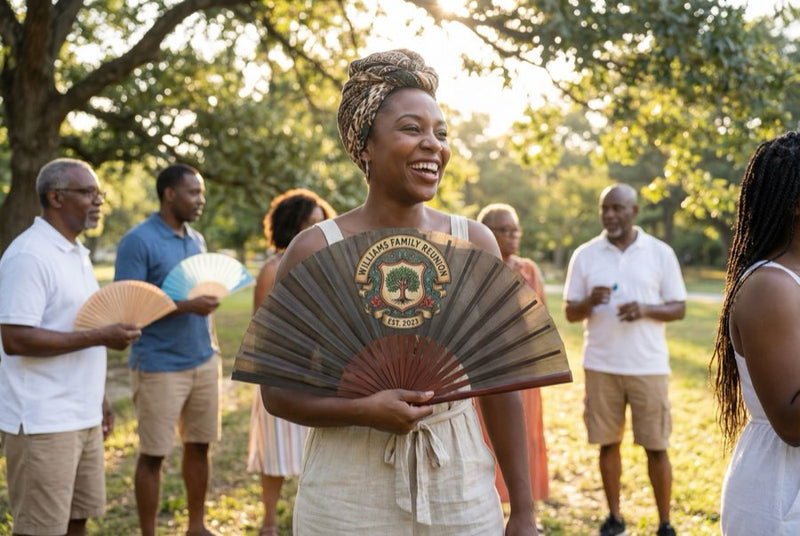 Custom bamboo fans in use — Custom Fans for Family Reunions